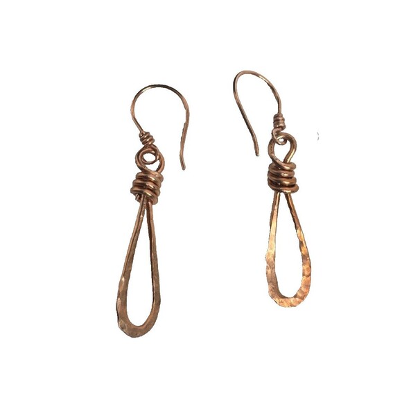 Copper Earrings Open Teardrop Hammered With French Hooks Handmade Minimalist - Picture 4 of 6